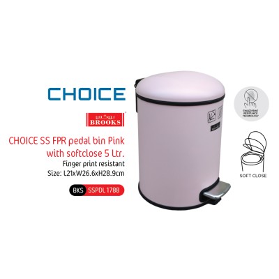 Brooks CHOICE 5 Ltr. SS FPR pedal bin Pink with softclose 